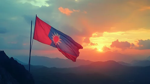 Mountain peak flag against high-saturation sunset skyline