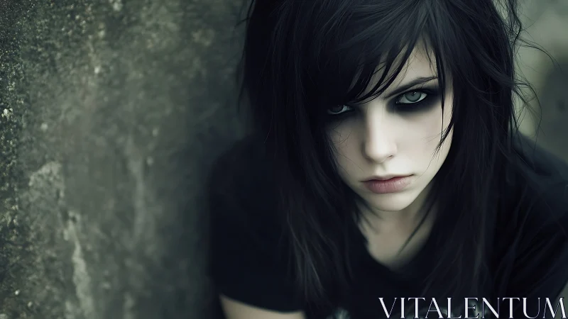 Moody goth girl with piercing eyes and soft, quiet strength.