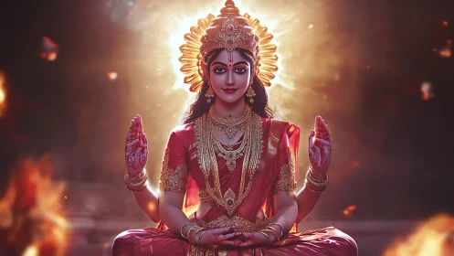 Radiant Hindu goddess in ornate red and gold divine glow.