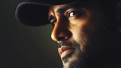 Intense male close-up in dramatic side lighting profile.