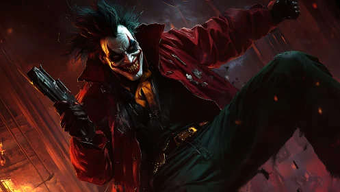 Gunfire jester dives through chaos in blood-red city night.