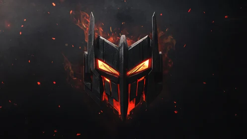 Infernal robotic mask emblem with molten core glow.