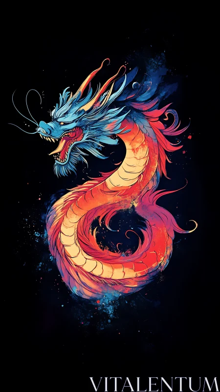 Vibrant serpentine dragon coils in neon chromatic splatter art