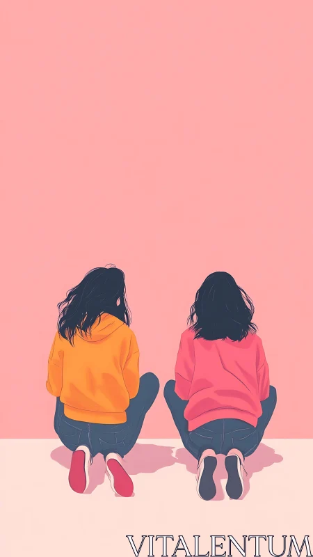 Twin hoodies kneel in a candy-pink sea of quiet connection.