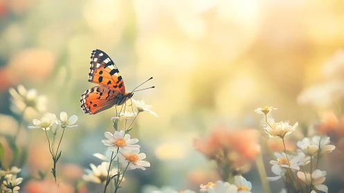 Photorealistic macro of butterfly on wildflower bokeh field.