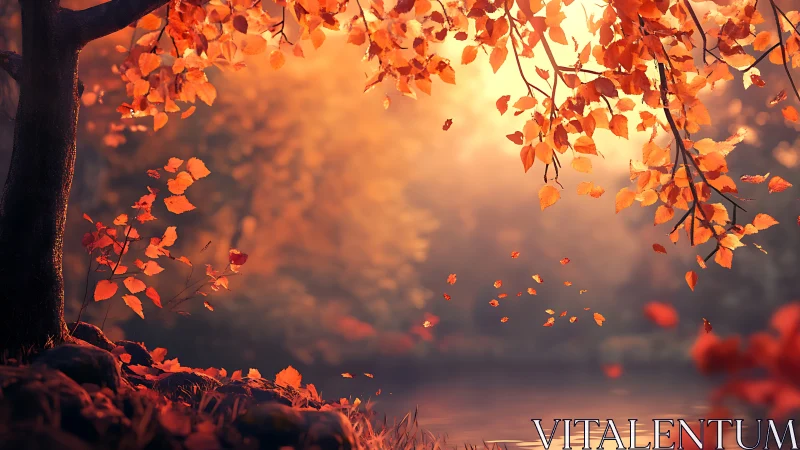 Autumn forest tree over tranquil lake in warm sunset glow.