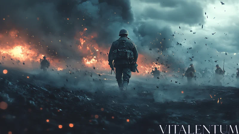 Soldier advancing across burning battlefield under smoke clouds.