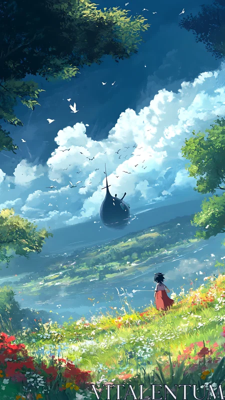 Dreamy hillside adventure with a girl and skyward ship.