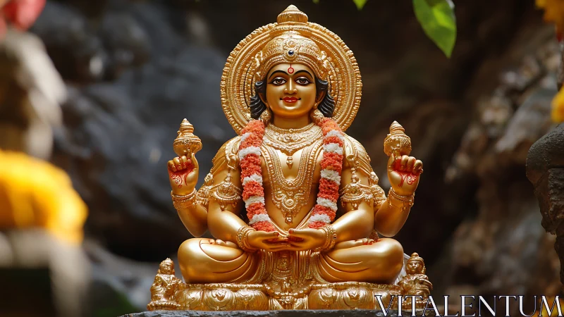 Golden Hindu deity statue with garland in forest shrine