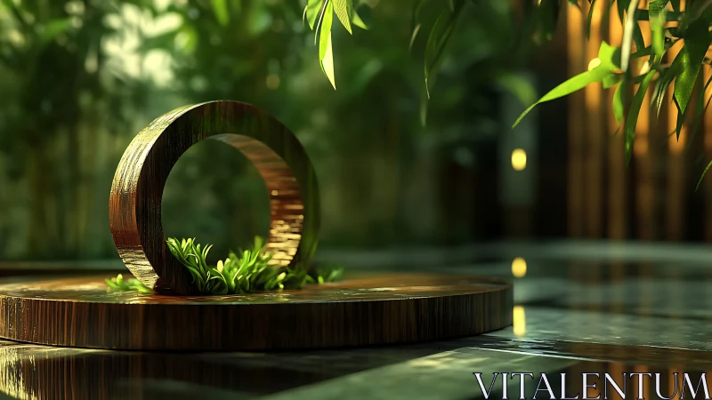 Wooden Ring Sculpture in a Serene Garden Sanctuary.