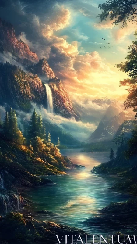 Cinematic alpine river valley rendered in luminous digital painting