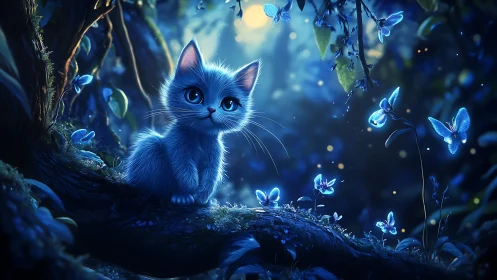 Luminescent Feline in Enchanted Forest Ecosystem with Bioluminescent Flora