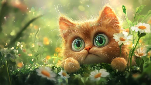 Whimsical Orange Cat Among Glowing Flowers and Bokeh.