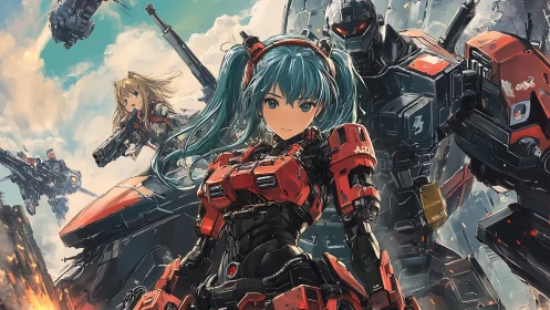 Armored anime pilot leading red mechs in aerial battle.