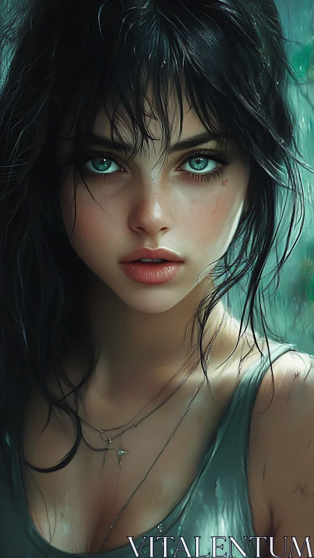 Digital portrait of wet haired woman in teal top outdoors.