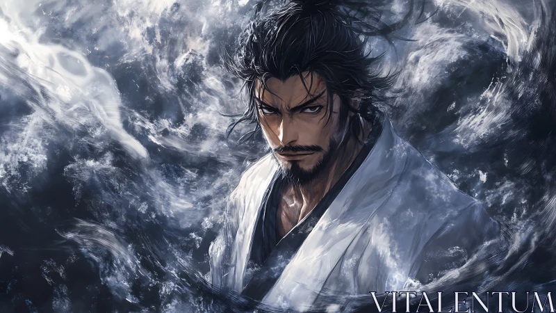 Samurai figure stands amid swirling monochrome energy forms