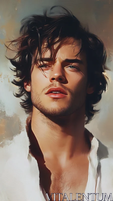 Sunlit dreamer with windswept hair and luminous gaze poised.