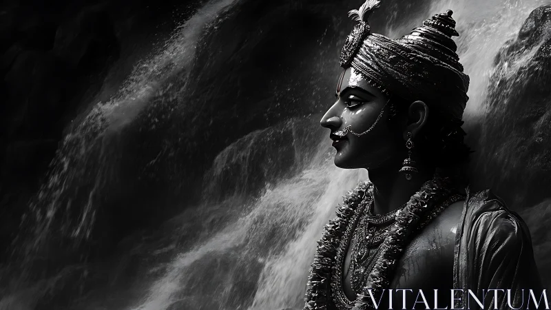 Profile statue of adorned figure before dark waterfall.