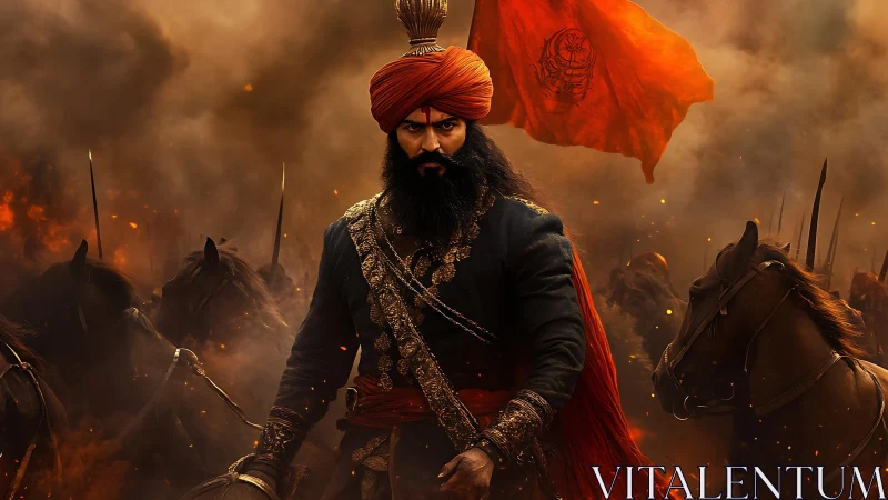 Gallant warrior strides forward beneath a blazing banner.