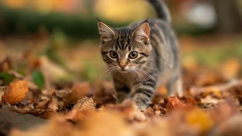 Tabby kitten prowling through autumn leaves with focused gaze.