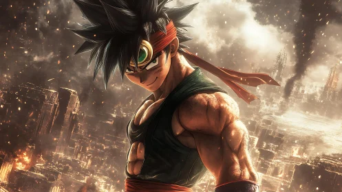 Battle-scarred warrior smirks over ember-drowned megacity.