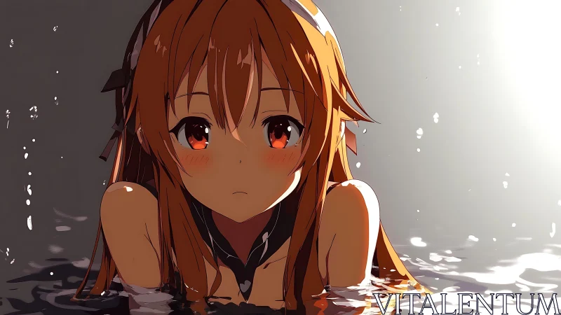 Anime girl with long hair leaning in reflective water surface.