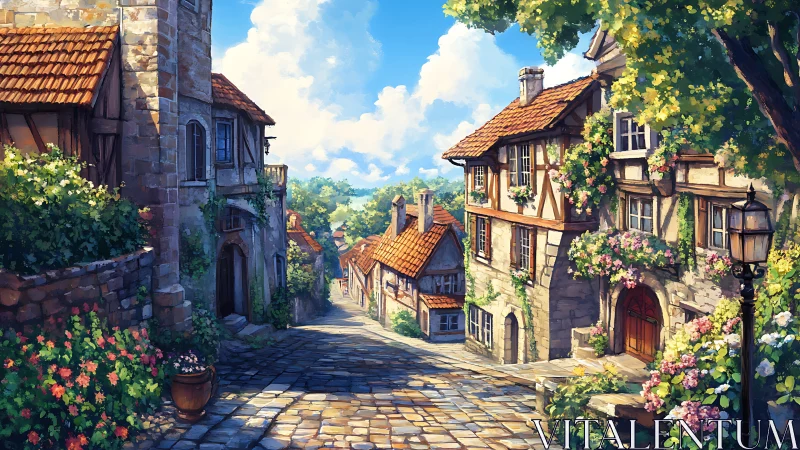 Sunlit cobblestone village street with floral fa&ccedil;ades, midday.