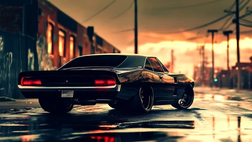 Retro muscle car at dusk on wet urban industrial street
