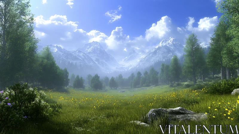 Mountain meadow extends toward distant snow-covered peaks