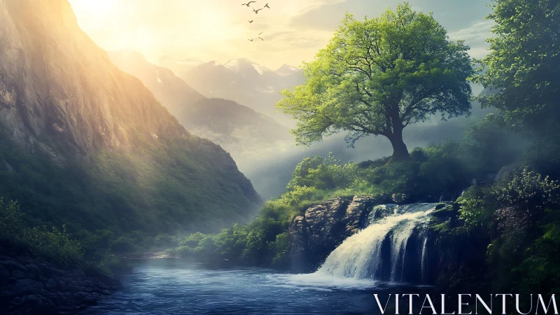 Sunlit mountain waterfall flows beneath a lone green tree.