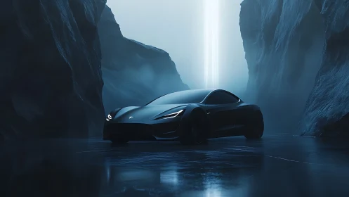 Black sports car is positioned on wet ground between rock walls