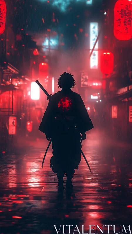 Lone night samurai walking through neon red rainstorm.