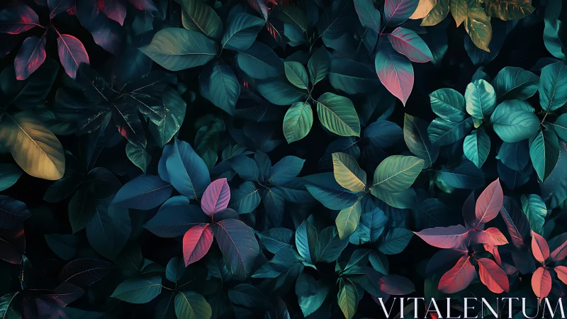 Chromatic foliage canopy rendered with cinematic split-tone lighting