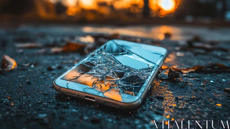 Shattered phone on wet street catching sunset sparks of light.