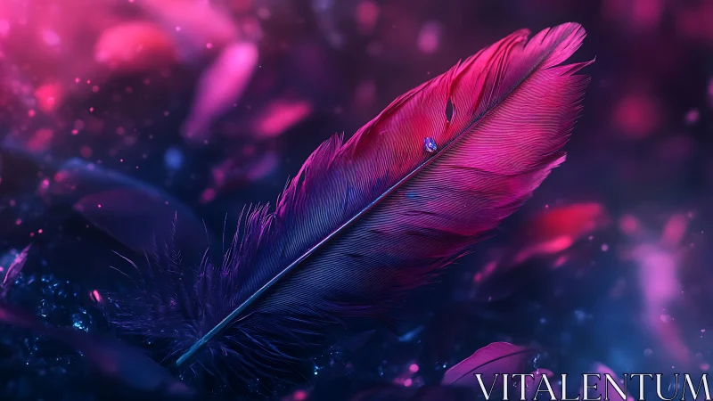 Neon pink feather rendered in macro focus with bokeh haze