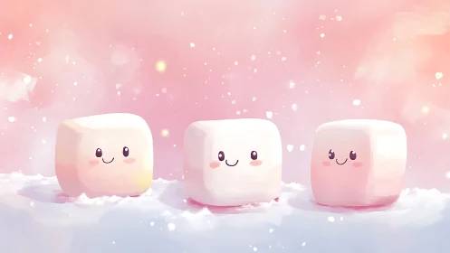 Three Cloud-Shaped Friends Glow in Pastel Dreamscape.