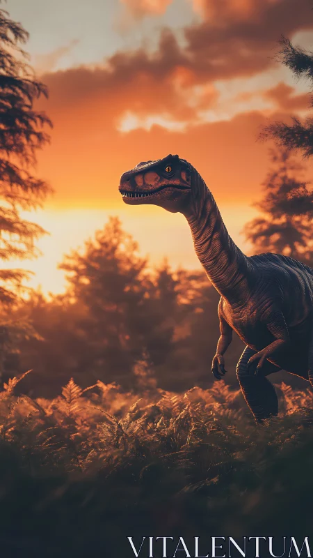 Sunlit theropod dinosaur in dense conifer forest at sunset