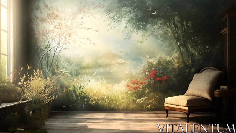 Sunlit studio corner with immersive floral mural landscape.
