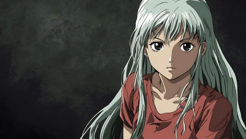 Silver haired anime girl in red shirt on dark background.