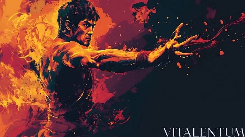 Martial artist strikes through blazing abstract flames.