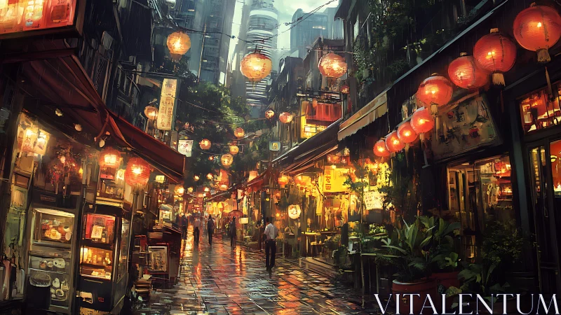Lantern lit alleyway in dense urban commercial district.