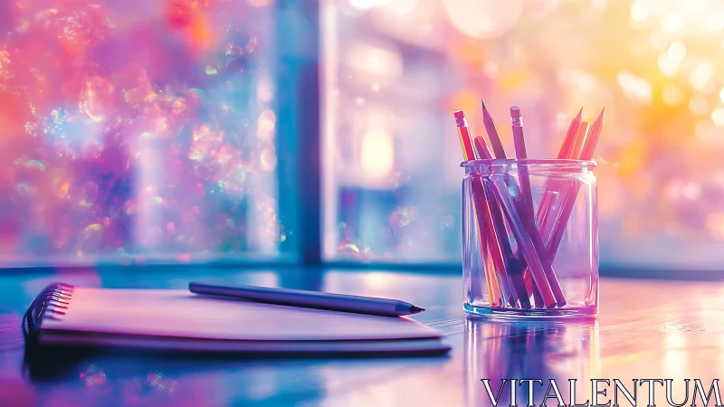 Colored pencils in glass jar on desk with notebook open.