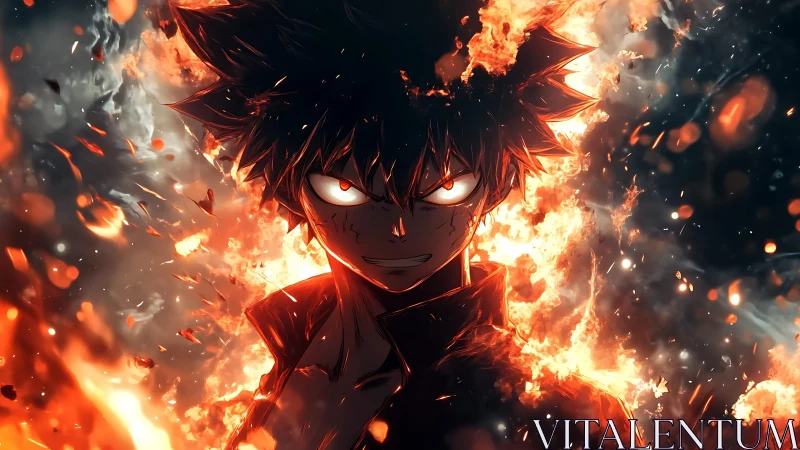 Anime figure stands centered amid controlled surrounding flames