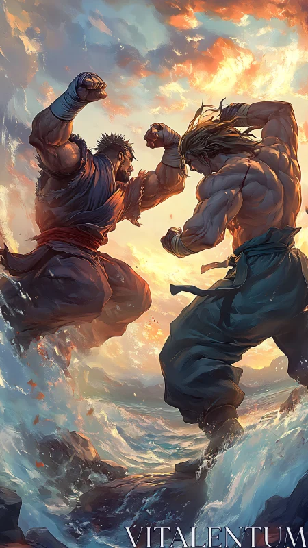 Martial artists engaged in combat over rocky ocean surf.