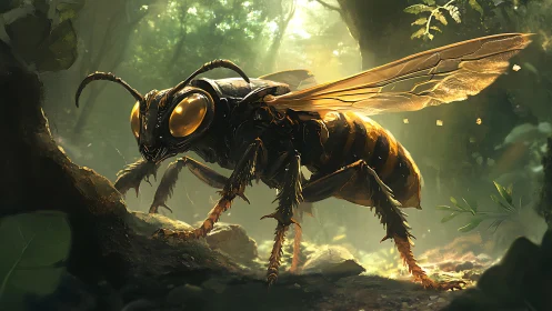 Biomechanical hornet rendered in luminous forest atmosphere.