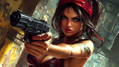 Digital portrait shows armed woman aiming handgun forward