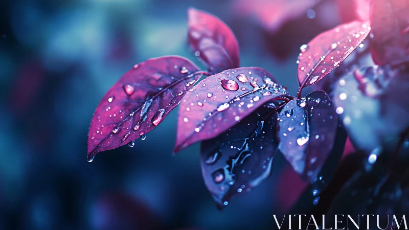 Neon purple leaves hold glistening raindrops in soft bokeh glow