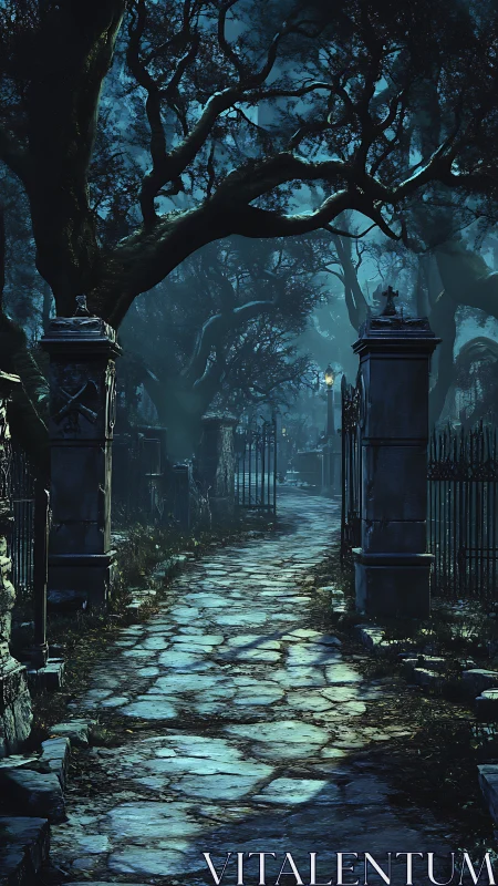 Moonlit cobblestone path winds through eerie forest graveyard