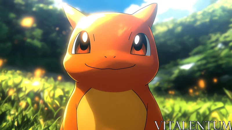 Orange cartoon creature in sunlit grassy forest clearing.