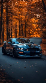Photoreal sports coupe on winding autumn forest roadway.
